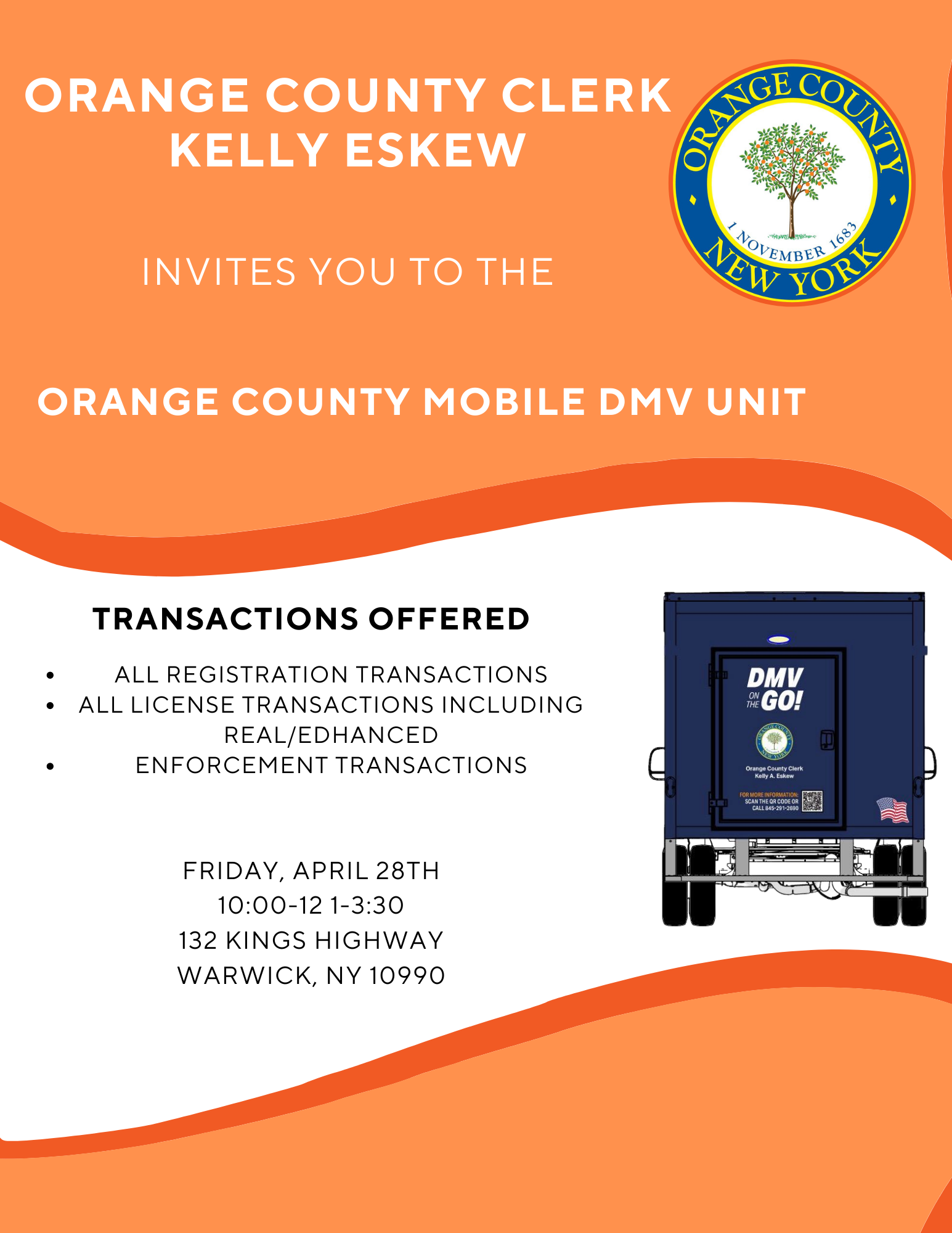 Mobile DMV Friday, April 28th, 2023 Town of Warwick